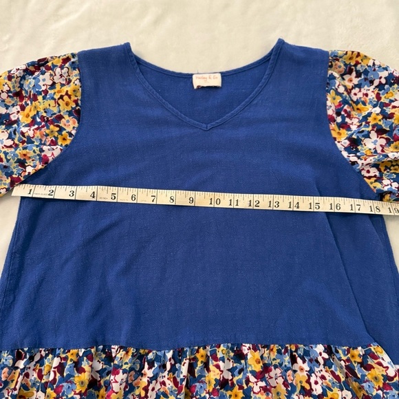 Hailey & Co Sz SM Blue Floral Linen Rayon Peplum Top Oversized Fit Boho Artsy - Picture 10 of 11